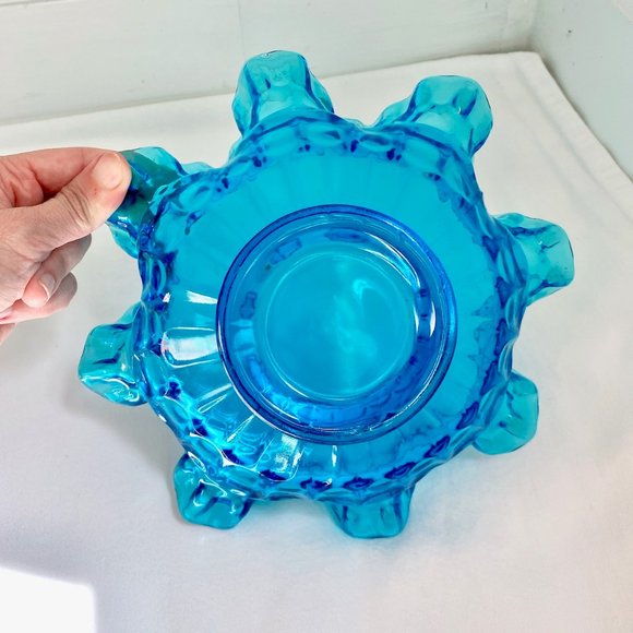 FENTON TURQUOISE GLASS RUFFLE EDGE CREST BOWL BRIDES BOWL (9") - Picture 7 of 9